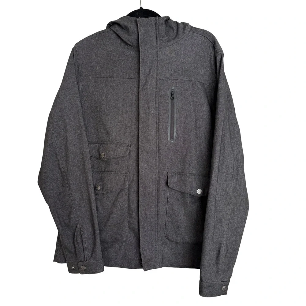 The North Face Mens Gray Hooded Field Jacket Plaid Lined Softshell Large